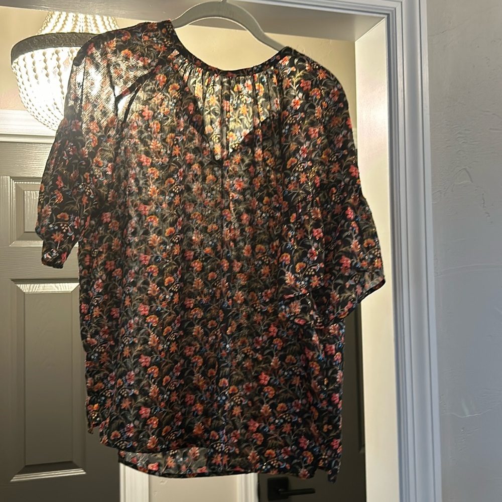 Black floral blouse with tie back